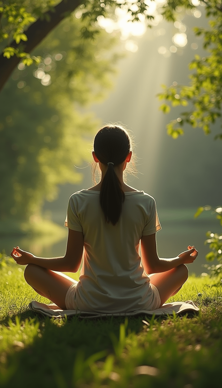 A serene workspace featuring a person meditating with a peaceful expression, surrounded by natural elements like plants and soft lighting, in calming blue and green tones, conveying tranquility and mindfulness.