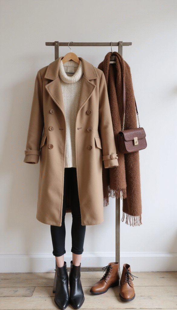 A stylish winter capsule wardrobe displayed on a neutral-toned background featuring neatly organized outfits including coats, sweaters, scarves, and accessories in cozy winter colors like navy, beige, and burgundy, with a minimalist and elegant aesthetic.
