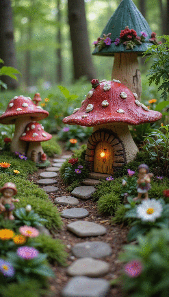 Vibrant fairy garden scene featuring whimsical mushroom houses, fairy figurines, lush greenery, colorful flowers, and sparkling fairy lights, styled in a charming, magical mood