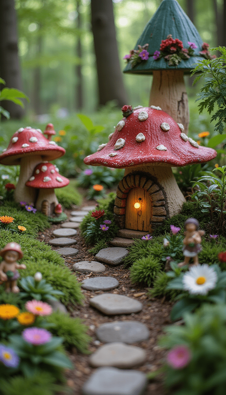 Vibrant fairy garden scene featuring whimsical mushroom houses, fairy figurines, lush greenery, colorful flowers, and sparkling fairy lights, styled in a charming, magical mood