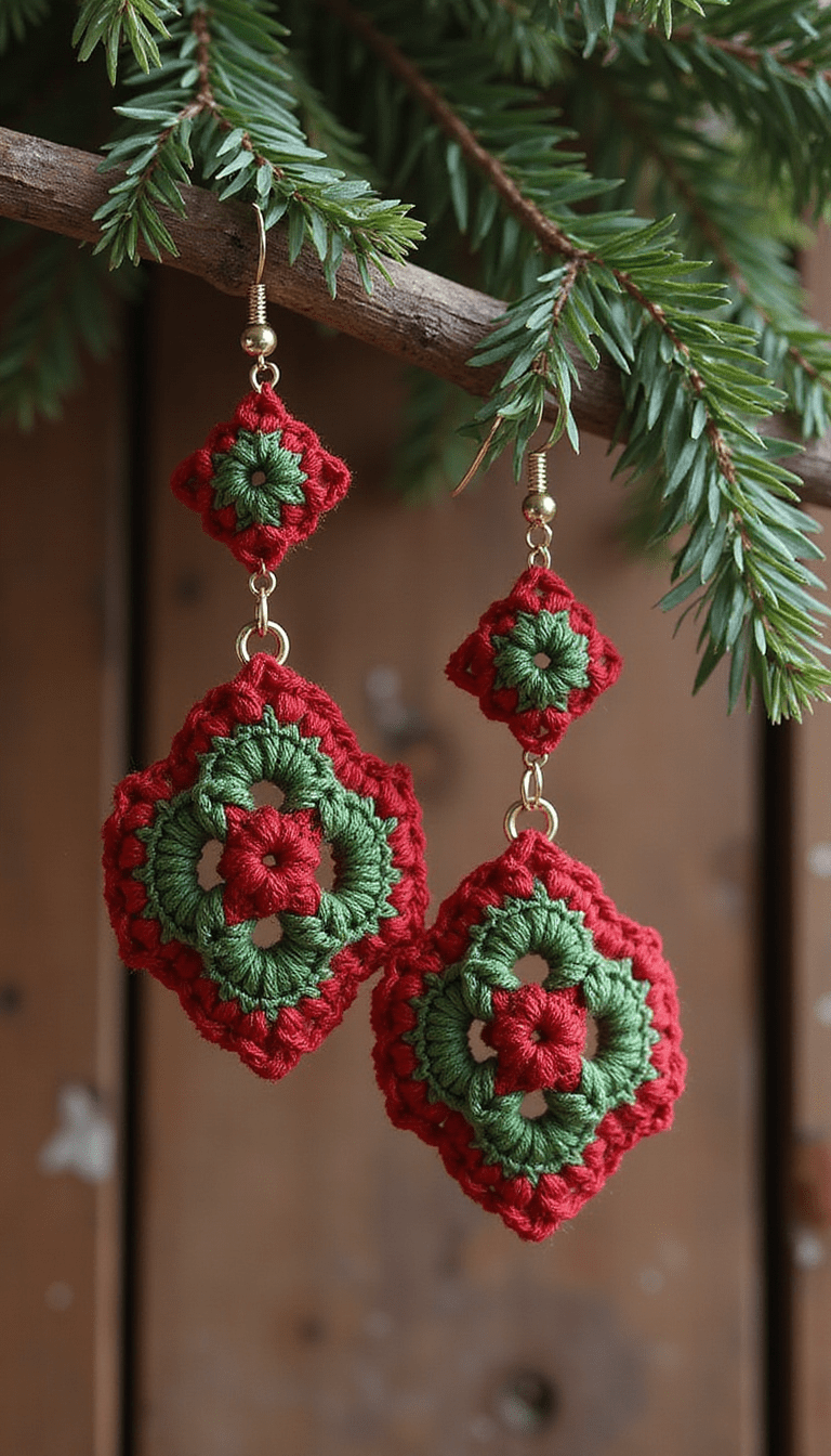 Close-up of vibrant red and green crochet earrings inspired by Celtic designs, hanging against a cozy winter background with soft lighting, artisanal style
