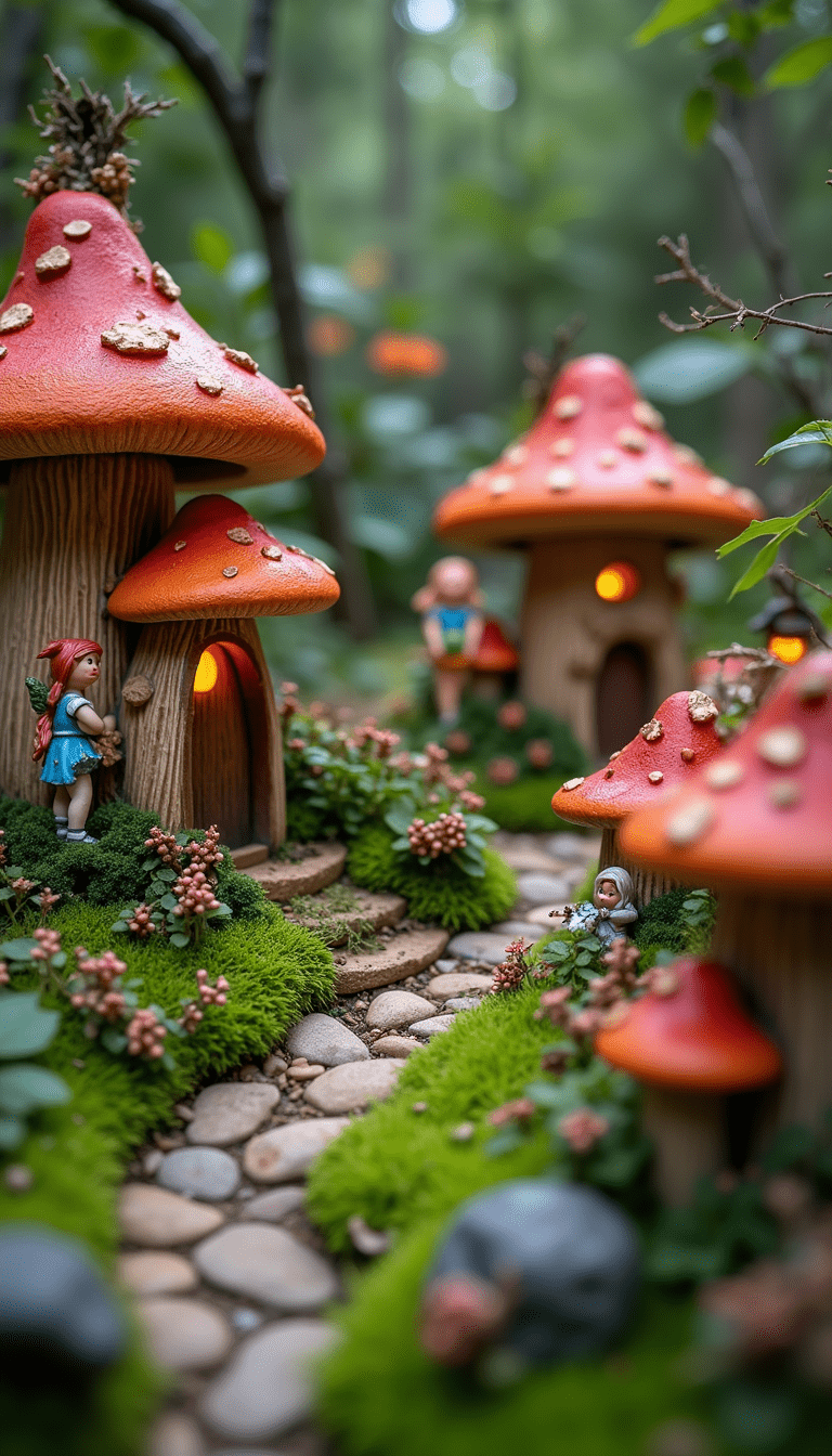 A whimsical fairy garden scene featuring tiny mushroom houses, lush green plants, colorful fairy figurines, and delicate fairy lights, styled in a magical outdoor setting with a vibrant and enchanting atmosphere.
