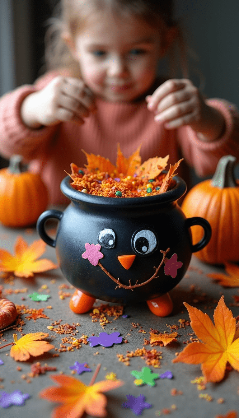 A colorful, whimsical children’s craft scene featuring a handcrafted witch cauldron with bright stickers, glitter, and DIY decorations against a vibrant fall-themed background with warm orange, purple, and green tones, animated and playful style, focus on the crafting process.