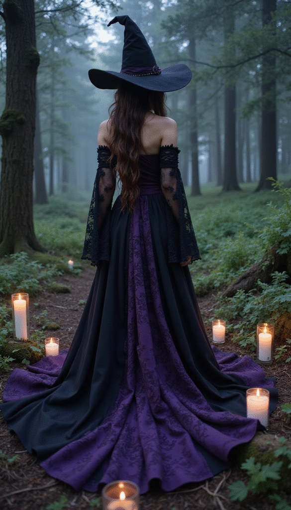 A mystical woman wearing a flowing black and purple witchy dress with intricate lace details, surrounded by candles and mystical symbols, set against a dark, enchanted forest background with glowing accents, style is dark fantasy, magical, and ethereal, focus on the outfit with atmospheric lighting.