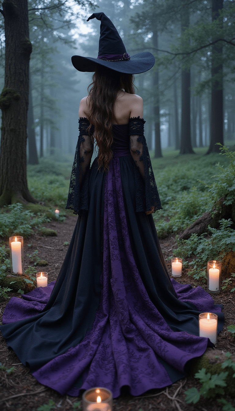 A mystical woman wearing a flowing black and purple witchy dress with intricate lace details, surrounded by candles and mystical symbols, set against a dark, enchanted forest background with glowing accents, style is dark fantasy, magical, and ethereal, focus on the outfit with atmospheric lighting.