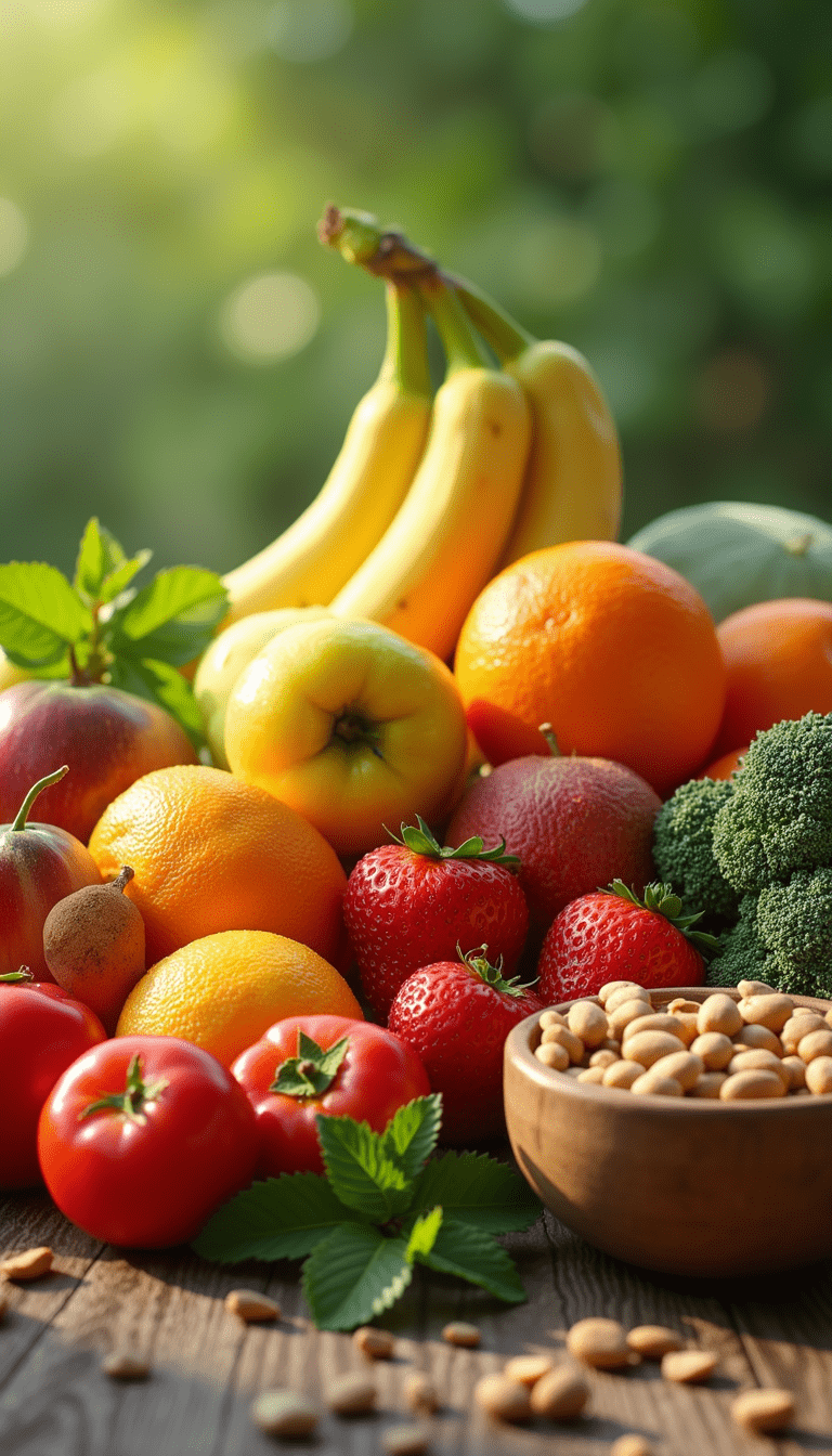 Bright, vibrant assortment of healthy foods including fruits, nuts, and vegetables arranged on a rustic wooden table with a cheerful and energetic mood, natural sunlight illuminating the scene