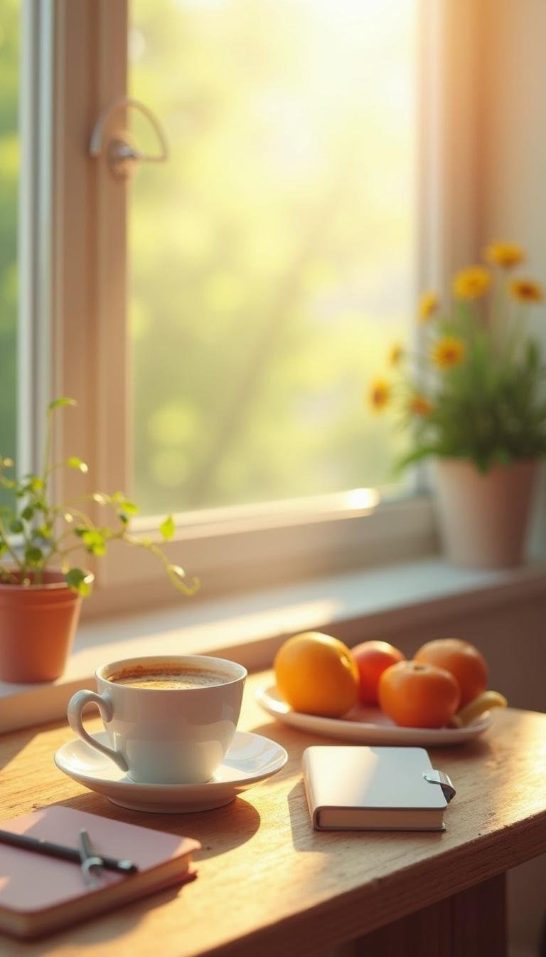Bright, vibrant morning scene with sunlight streaming through a window onto a neatly arranged breakfast table featuring a steaming cup of coffee, fresh fruit, and a journal, with a calm and uplifting atmosphere, soft pastel colors, and a focus on a peaceful start to the day