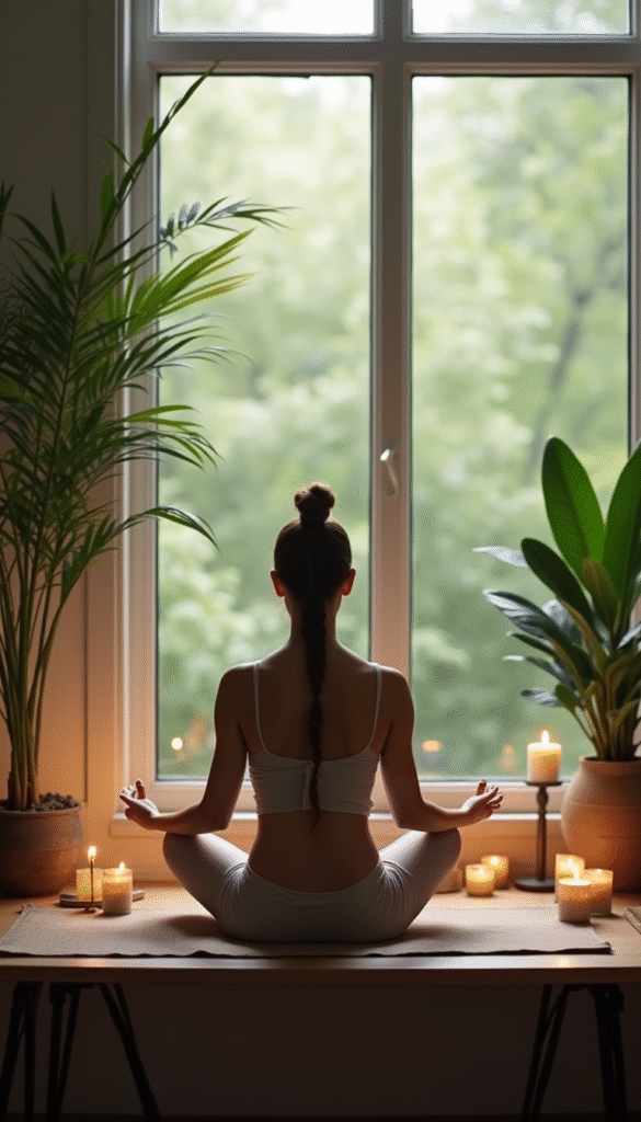 A serene workspace with a person meditating, surrounded by candles and plants, soft natural lighting, calming blue and green tones, creating a peaceful and focused atmosphere.