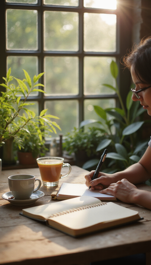 A serene scene of a person writing in a journal on a cozy, sunlit morning table with soft pastel tones, surrounded by plants and a warm cup of tea, conveying calmness and mindfulness
