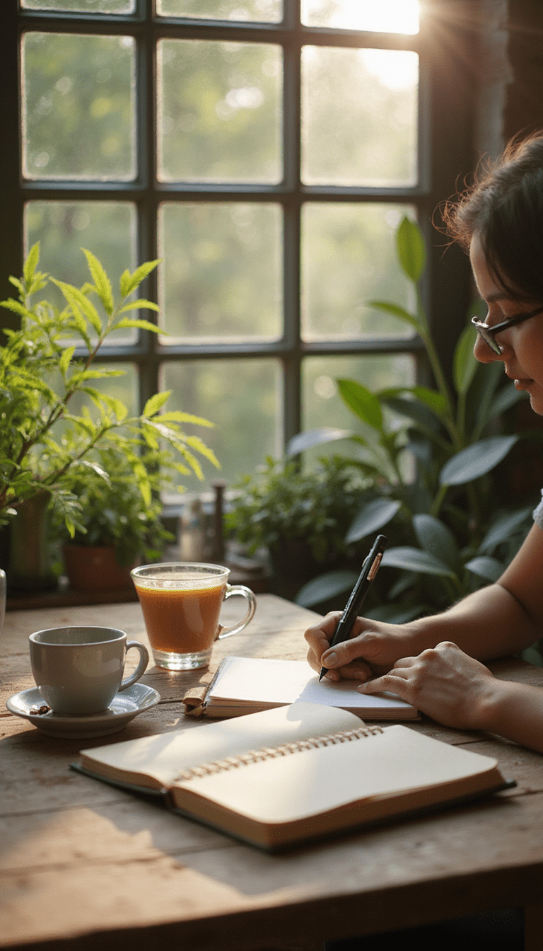 A serene scene of a person writing in a journal on a cozy, sunlit morning table with soft pastel tones, surrounded by plants and a warm cup of tea, conveying calmness and mindfulness