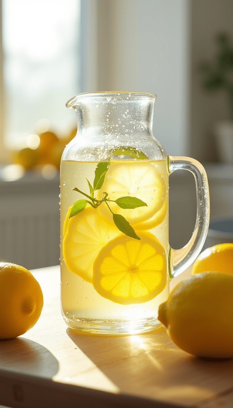 A vibrant scene of a glass pitcher filled with clear water and fresh lemon slices surrounded by water droplets, set on a modern white kitchen countertop with soft natural light, evoking freshness and wellness.