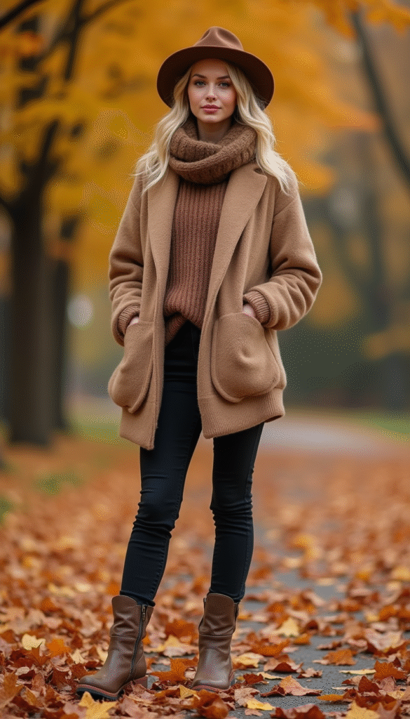 A stylish woman showcasing a curated fall capsule wardrobe, featuring neutral-toned sweaters, scarves, boots, and layered outfits set against a cozy autumn backdrop with warm tones and soft lighting.