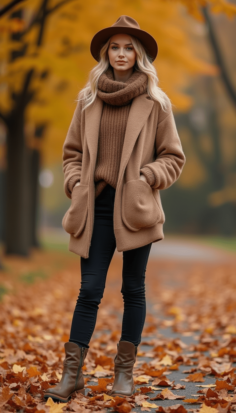 A stylish woman showcasing a curated fall capsule wardrobe, featuring neutral-toned sweaters, scarves, boots, and layered outfits set against a cozy autumn backdrop with warm tones and soft lighting.