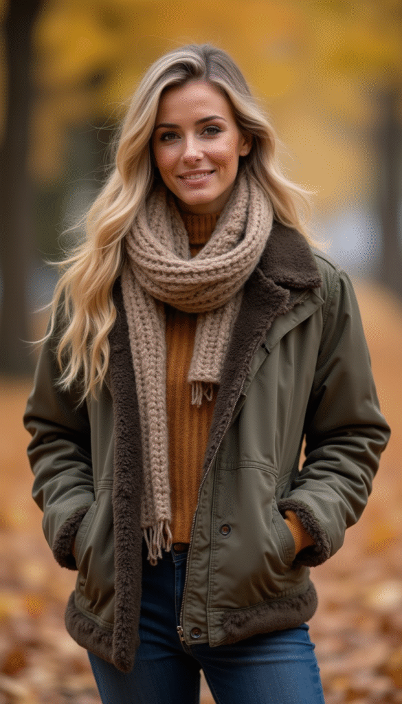 A stylish woman dressed in laid-back luxury fall fashion, featuring camouflage patterns, neutral tones, cozy textures, and chic accessories, posing confidently in a fall-inspired outdoor setting with warm lighting.