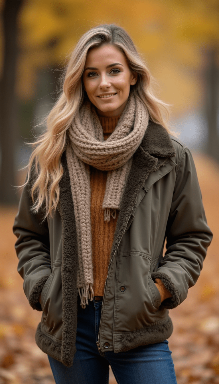A stylish woman dressed in laid-back luxury fall fashion, featuring camouflage patterns, neutral tones, cozy textures, and chic accessories, posing confidently in a fall-inspired outdoor setting with warm lighting.