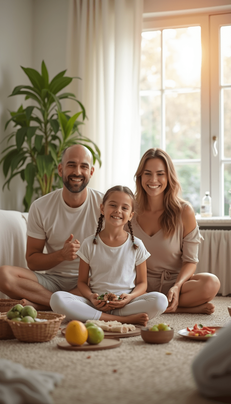 A vibrant family gathered in a bright, cozy living room, smiling and engaging in healthy activities like stretching, preparing nutritious snacks, and practicing mindfulness, with warm natural lighting and cheerful pastel colors creating an inviting and energetic atmosphere.
