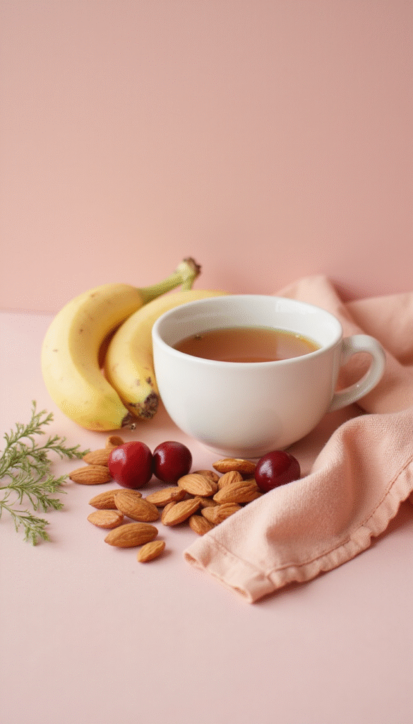A calming image featuring a cozy dinner table with a glass of warm chamomile tea, a bowl of almonds, a banana, and a plate of cherries against a soft pastel background, styled in a minimalist and inviting manner, exuding tranquility and relaxation.