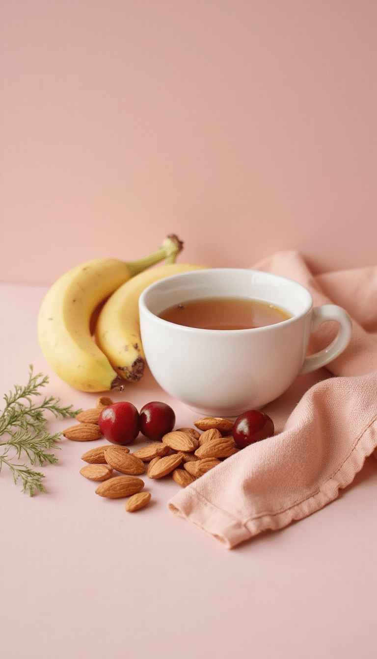 A calming image featuring a cozy dinner table with a glass of warm chamomile tea, a bowl of almonds, a banana, and a plate of cherries against a soft pastel background, styled in a minimalist and inviting manner, exuding tranquility and relaxation.