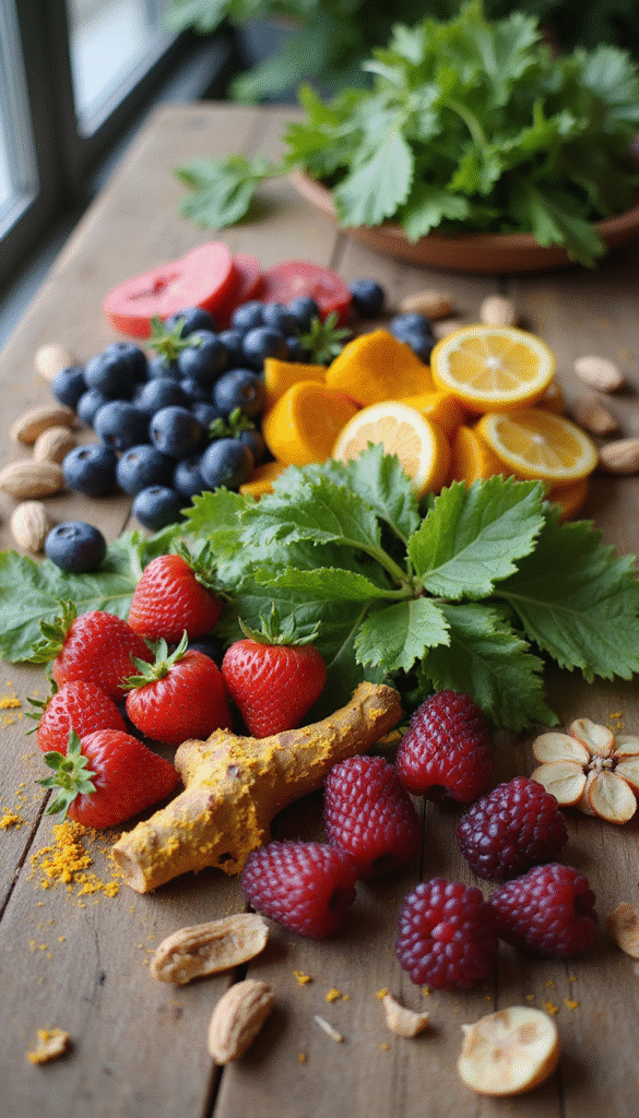 A vibrant, colorful assortment of anti-inflammatory foods including berries, leafy greens, nuts, and turmeric displayed on a rustic wooden table with a bright, airy kitchen background, styled in a fresh and healthy aesthetic, emphasizing natural health benefits