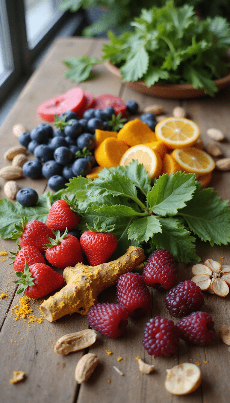 A vibrant, colorful assortment of anti-inflammatory foods including berries, leafy greens, nuts, and turmeric displayed on a rustic wooden table with a bright, airy kitchen background, styled in a fresh and healthy aesthetic, emphasizing natural health benefits