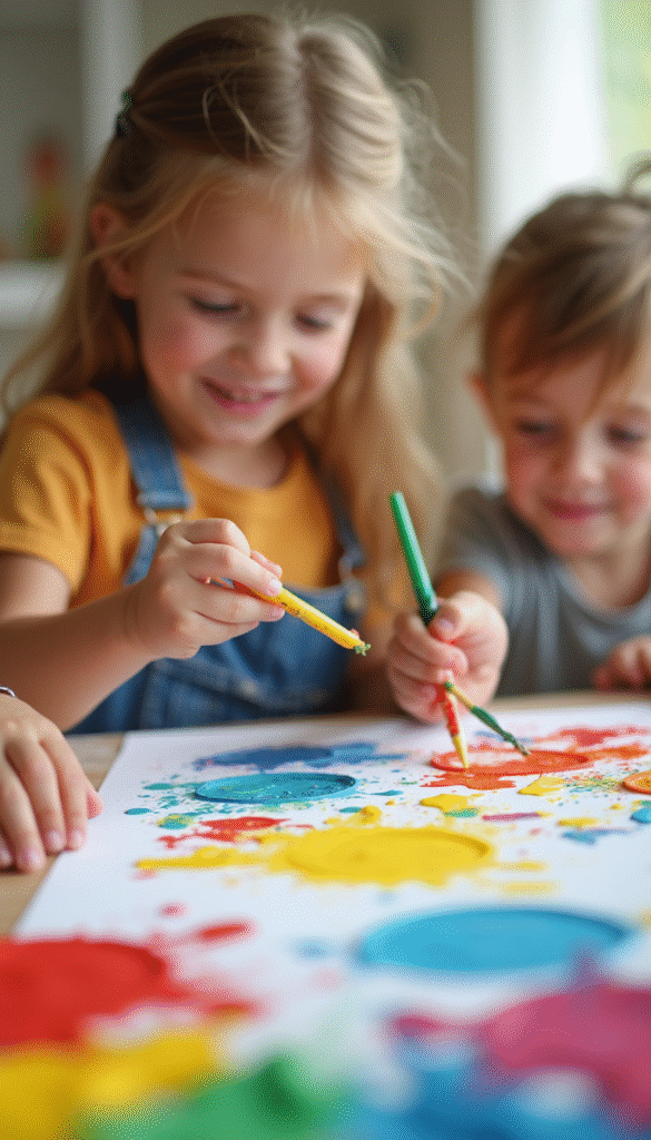 A colorful and lively scene of children engaging in fun crafts with paints, paper, and glue, vibrant colors, playful mood, focused on a table full of creative supplies