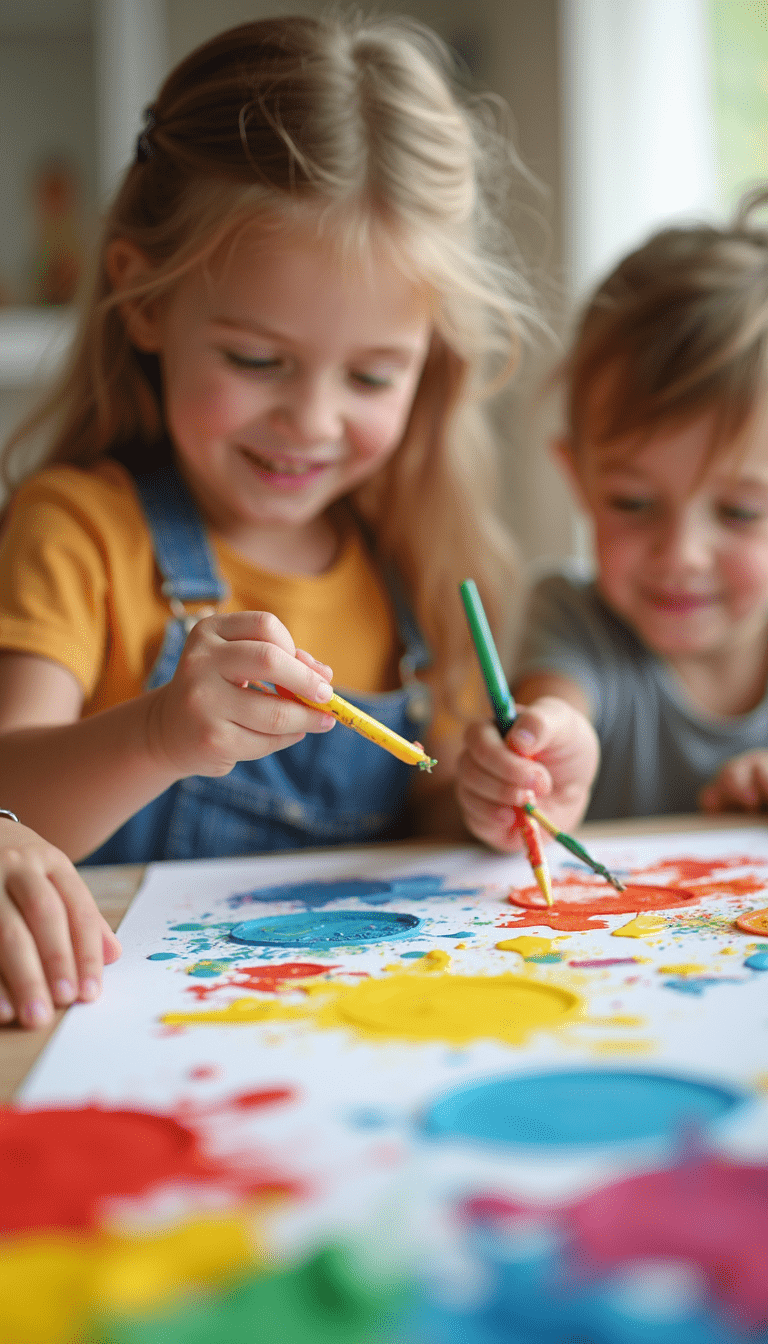 A colorful and lively scene of children engaging in fun crafts with paints, paper, and glue, vibrant colors, playful mood, focused on a table full of creative supplies