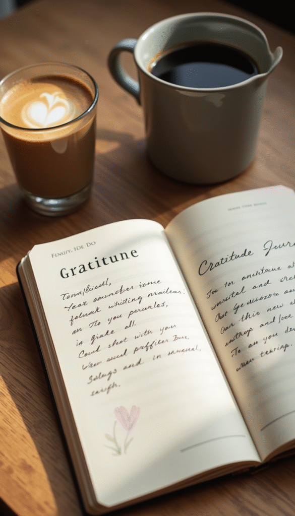A colorful, inviting open journal with handwritten gratitude prompts, surrounded by a cozy setting with a steaming cup of coffee, soft natural light, calming mood, focus on the journal and pen