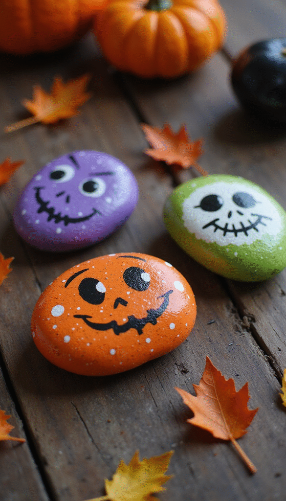 Colorful Halloween painted rocks arranged on a rustic wooden surface, featuring spooky faces, ghosts, pumpkins, and seasonal motifs in vibrant orange, black, and purple hues, with a soft focus and warm ambient lighting creating a festive and inviting mood.