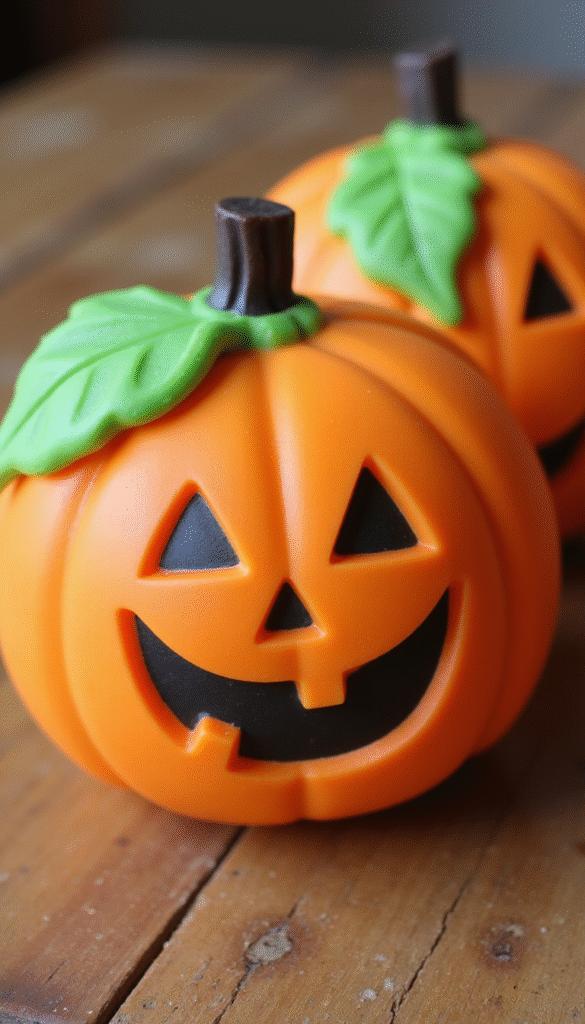 Colorful Halloween pumpkin stress balls made of soft silicone with vibrant orange, green, and black hues, arranged on a wooden surface with festive decorations in the background, styled in a playful and inviting manner.