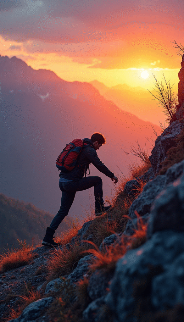 A vibrant image of a person climbing a steep mountain trail during sunrise, symbolizing overcoming challenges, with warm orange and blue hues, a determined expression, and scenic nature in the background, styled in a realistic illustration.
