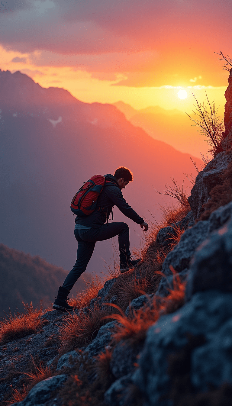 A vibrant image of a person climbing a steep mountain trail during sunrise, symbolizing overcoming challenges, with warm orange and blue hues, a determined expression, and scenic nature in the background, styled in a realistic illustration.