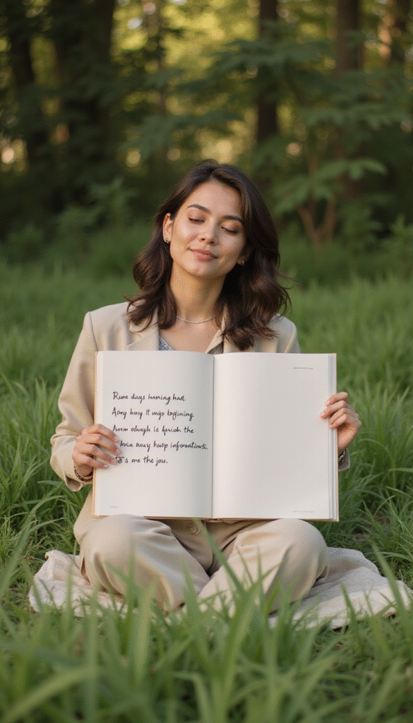A calm, inspiring scene featuring a woman in a serene natural setting, sitting peacefully with a radiant smile, surrounded by soft pastel colors, plants, and handwritten affirmations on paper, styled in a minimalist aesthetic with warm lighting conveying empowerment and self-love.