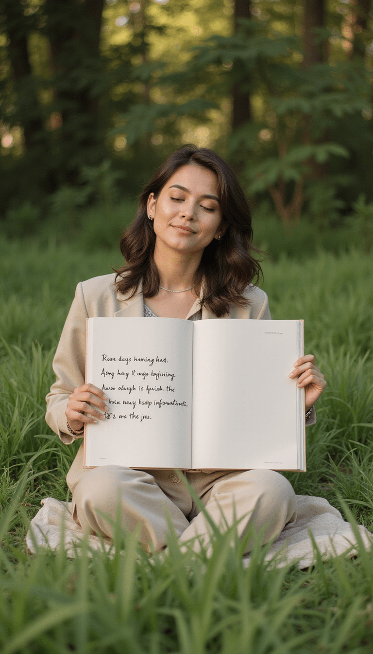 A calm, inspiring scene featuring a woman in a serene natural setting, sitting peacefully with a radiant smile, surrounded by soft pastel colors, plants, and handwritten affirmations on paper, styled in a minimalist aesthetic with warm lighting conveying empowerment and self-love.