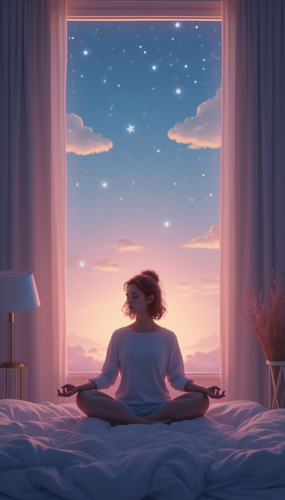 A serene bedroom scene with soft moonlight glowing through a window, a person peacefully meditating on the bed with calming visuals like clouds and stars in pastel colors, creating a tranquil and comforting atmosphere.
