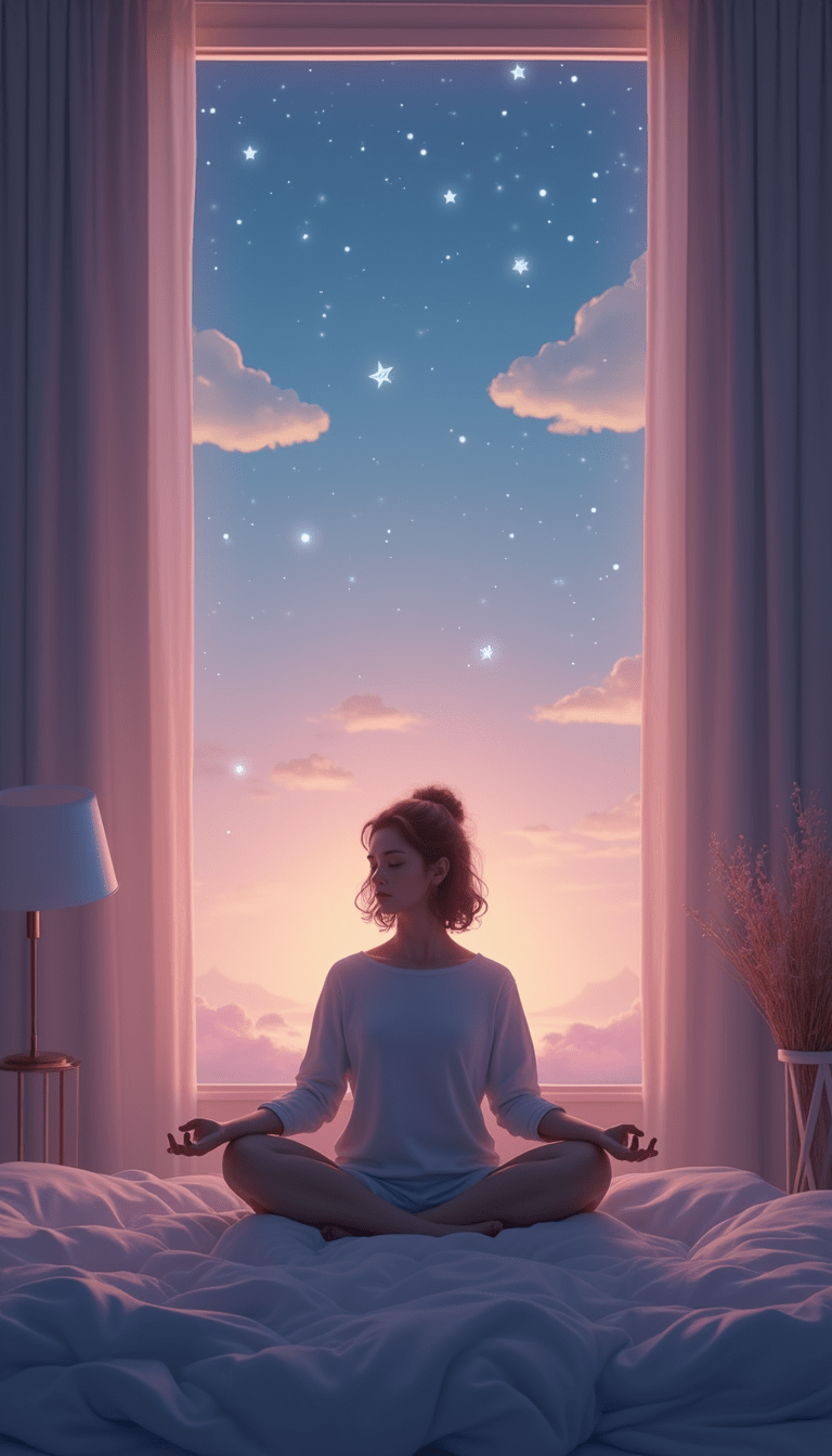 A serene bedroom scene with soft moonlight glowing through a window, a person peacefully meditating on the bed with calming visuals like clouds and stars in pastel colors, creating a tranquil and comforting atmosphere.