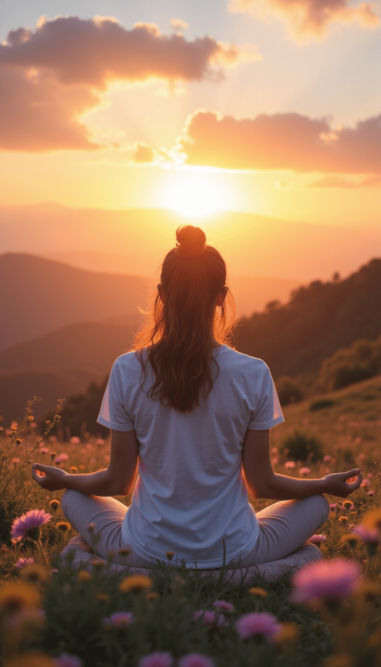 A serene image featuring a person practicing meditation outdoors at sunrise, with soft pastel colors and a calming natural landscape, evoking tranquility and inner peace.