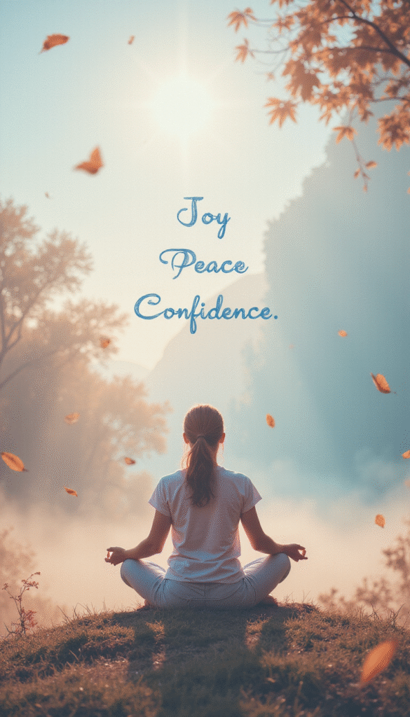 A calming scene of a person meditating outdoors with soft pastel colors, surrounded by nature and floating affirmation words like 'Joy,' 'Peace,' and 'Confidence,' creating a serene and uplifting mood.