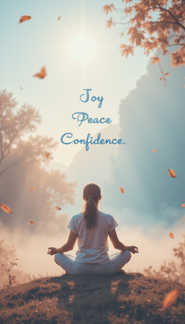 A calming scene of a person meditating outdoors with soft pastel colors, surrounded by nature and floating affirmation words like 'Joy,' 'Peace,' and 'Confidence,' creating a serene and uplifting mood.