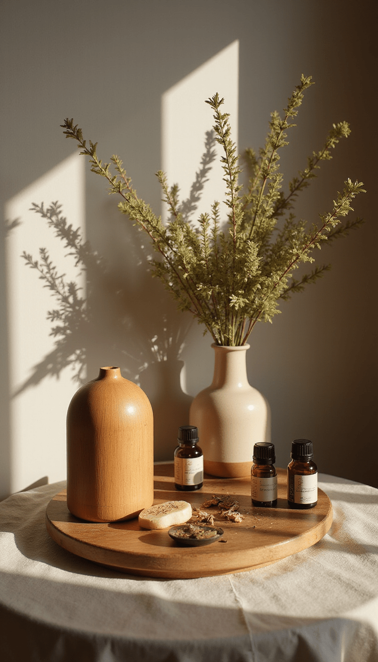 A calming scene of essential oil bottles, aromatic diffusers, and fresh herbs on a wooden table with soft natural lighting, creating a peaceful and cozy atmosphere