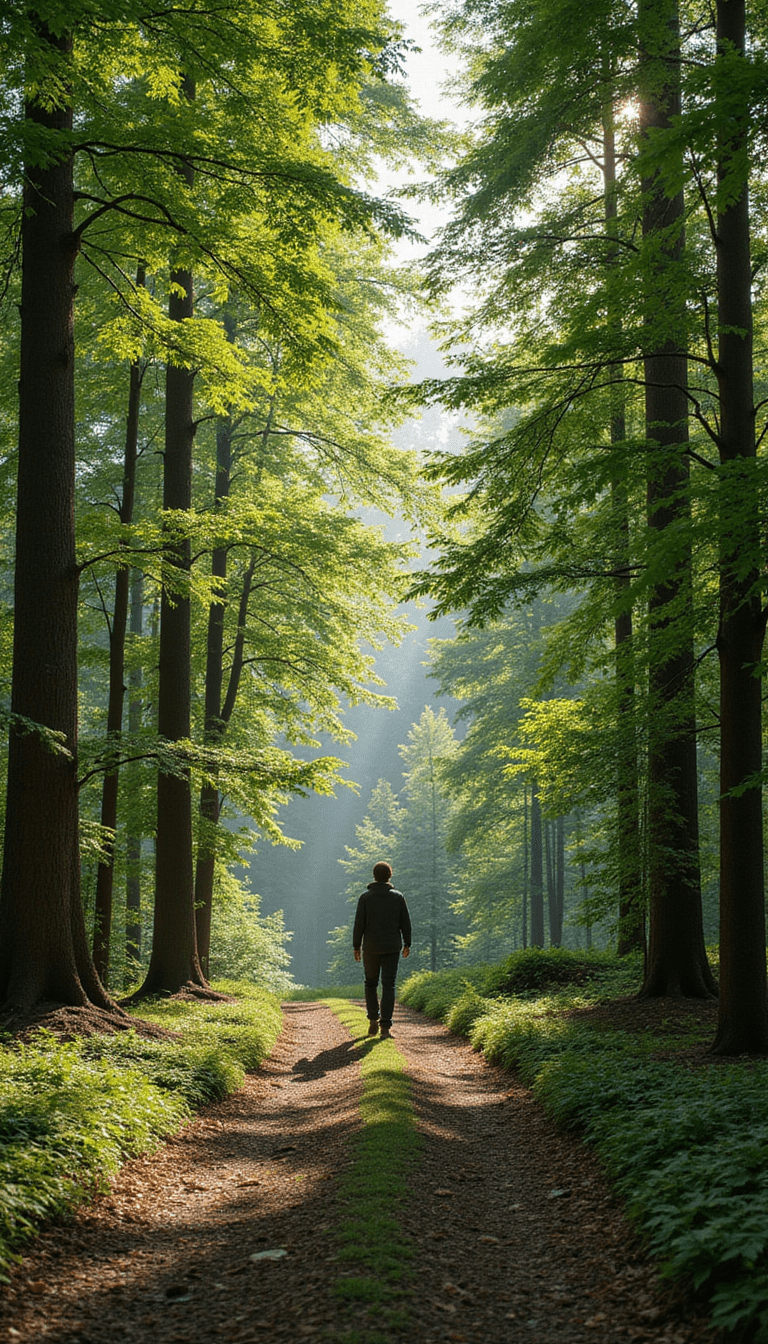 A peaceful scene of a person walking along a forest trail surrounded by tall green trees, dappled sunlight filtering through leaves, with a calm and serene mood, vibrant green hues, and a focus on tranquility and mindfulness