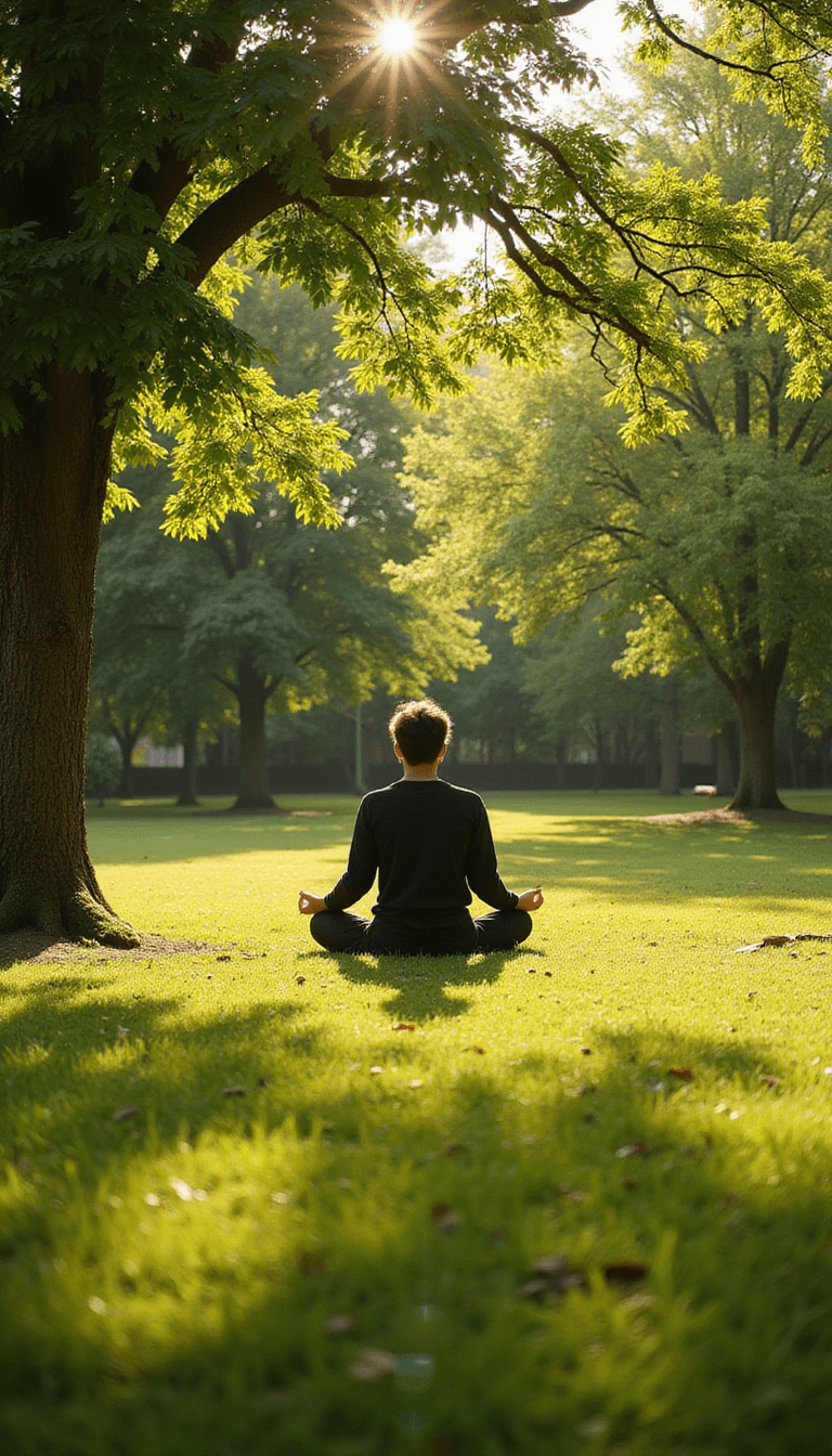 A calming outdoor scene featuring lush green trees, a peaceful person meditating on a wooden bench under sunlight, vibrant foliage, and a serene atmosphere in warm tones with a focus on nature's calming influence