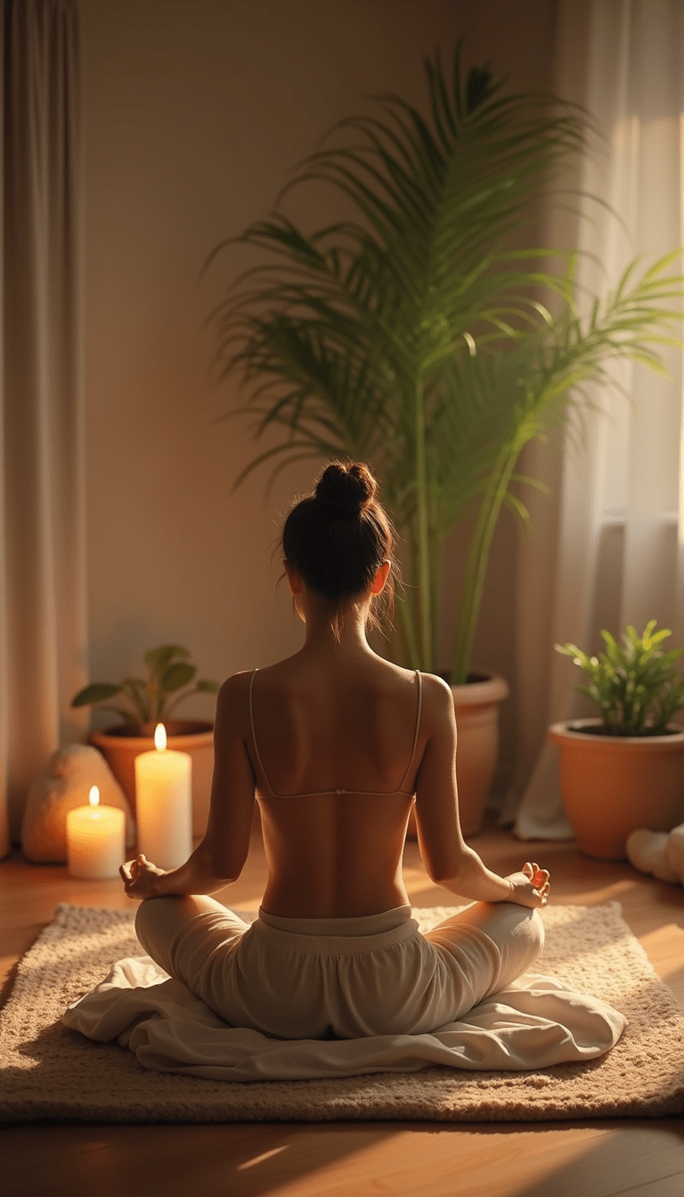 A serene scene featuring a person sitting cross-legged on a soft, cozy mat in a dimly lit room with candles, plants, and calming decor, creating a peaceful and inviting atmosphere, styled in warm muted tones