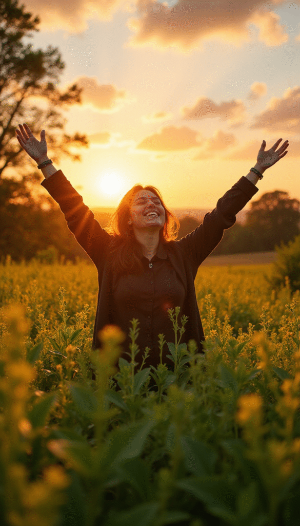 Bright and vibrant image of a person standing outdoors at sunrise, smiling and stretching with arms open wide, surrounded by lush greenery, in a modern and uplifting style, conveying energy, positivity, and motivation.