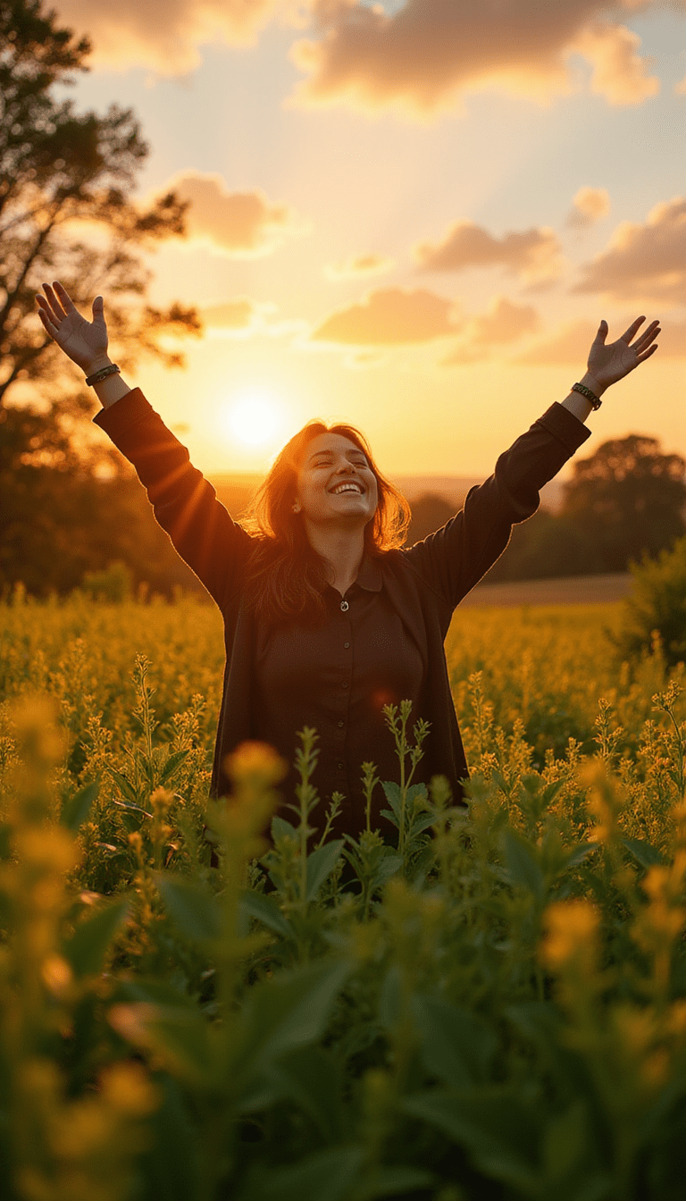 Bright and vibrant image of a person standing outdoors at sunrise, smiling and stretching with arms open wide, surrounded by lush greenery, in a modern and uplifting style, conveying energy, positivity, and motivation.
