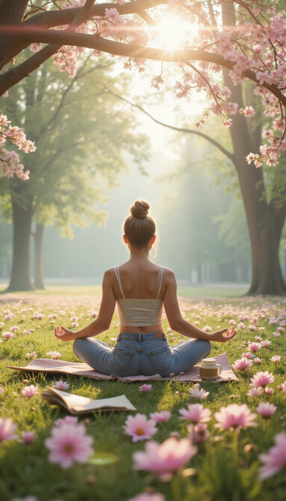 A serene morning scene featuring a person meditating outdoors with sunlight filtering through trees, vibrant flowers around, calming pastel colors, a journal and coffee nearby, evoking peace and self-compassion