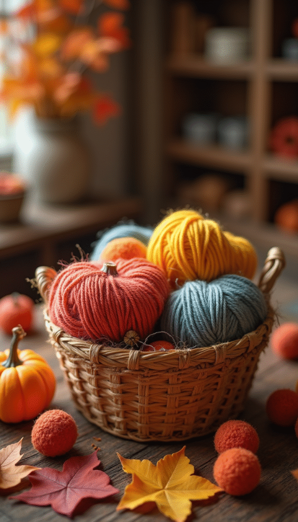 A vibrant and cozy fall-themed workspace featuring colorful yarns, craft supplies, and completed autumn crafts with warm lighting, rustic wooden background, and a joyful atmosphere