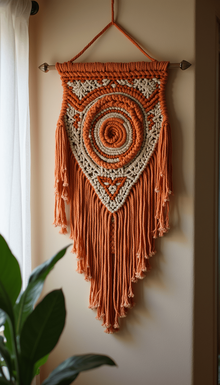 A vibrant and colorful macrame wall hanging featuring lucky charm motifs with a boho aesthetic, warm tones, intricate knots, and natural fiber textures, styled against a neutral background in a cozy, artistic setting.