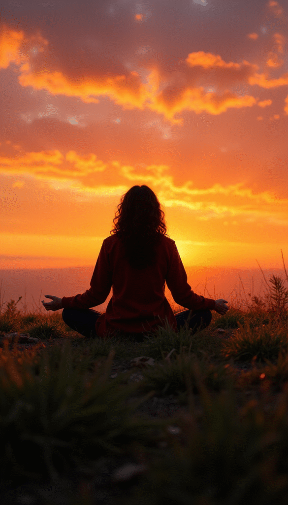 A peaceful scene with a person sitting cross-legged on a soft, green grass field during sunset, with their hands placed on the ground, radiating tranquility and focus, vibrant warm colors, minimalistic and calming style