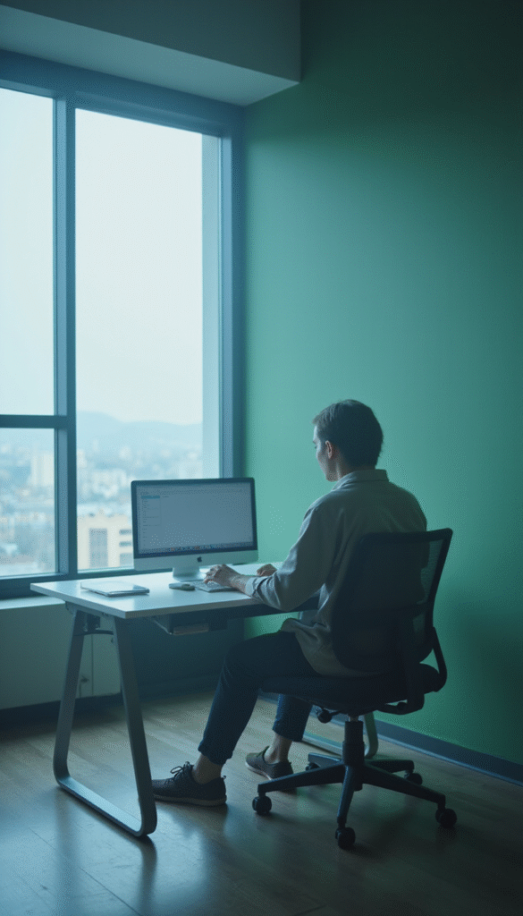 A serene workspace with a person practicing visualization, surrounded by calming blue and green tones, focused on mental imagery with a tranquil background, in a minimalistic modern style, evoking calm and concentration.