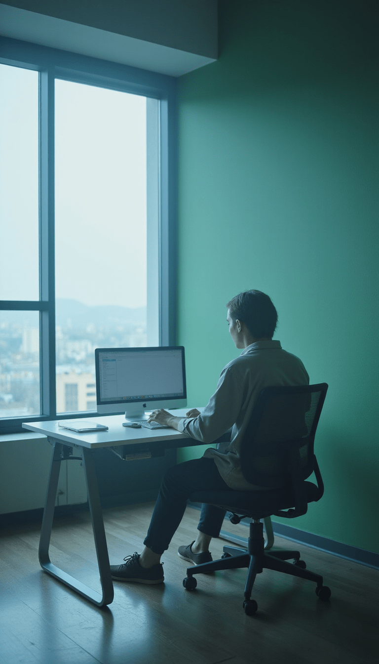 A serene workspace with a person practicing visualization, surrounded by calming blue and green tones, focused on mental imagery with a tranquil background, in a minimalistic modern style, evoking calm and concentration.